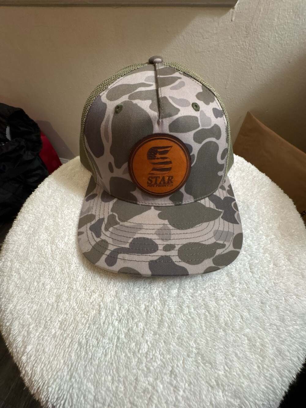 Richardson 112 Star Pipe Products Camo Leather Patch Trucker Hat